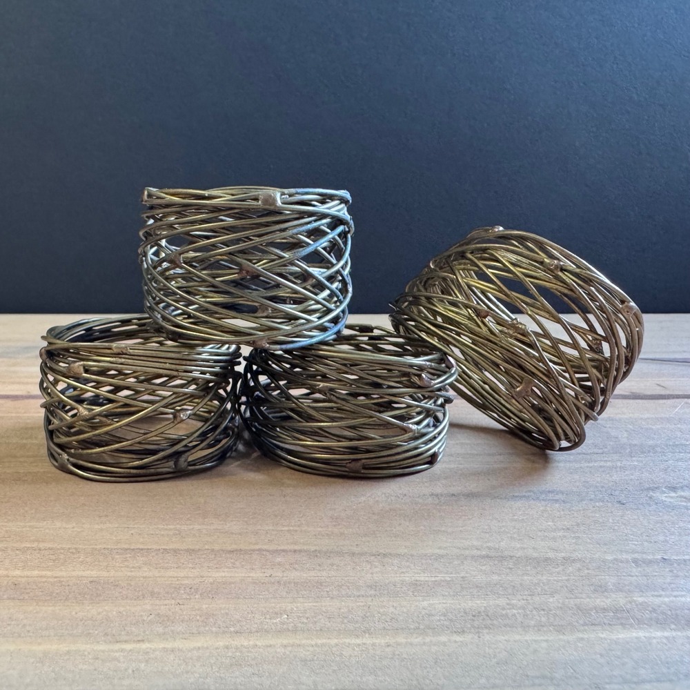Vintage Gold Metal Wire Woven Napkin Rings Set of 4 Soldered Boho Brutalist